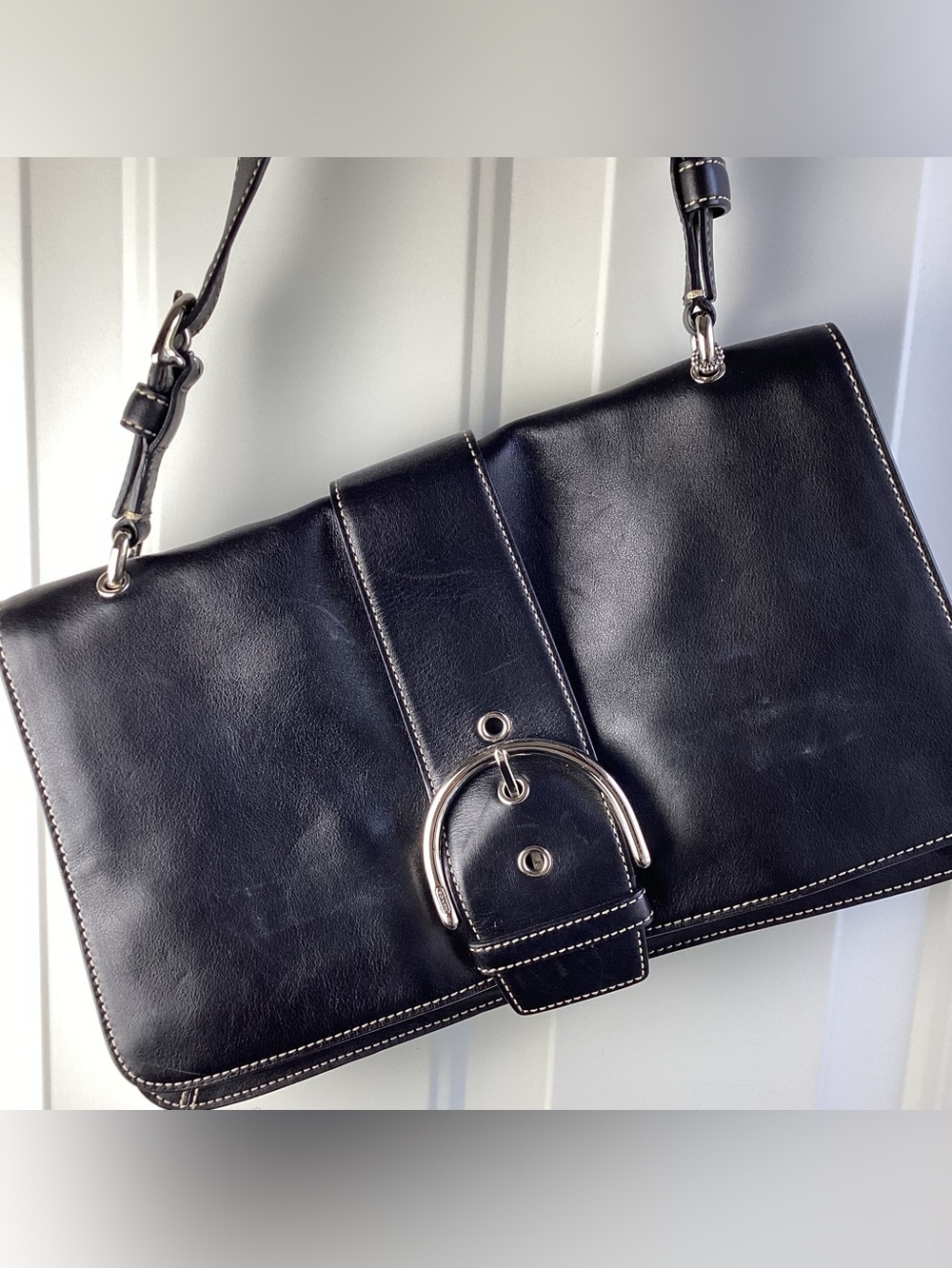 Coach Black Leather Shoulder Bag with Silver Hardware Flap-Over Closure - Picture 2 of 9